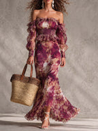 Rosalinda | Vestido largo de gasa rosa con hombros al aire