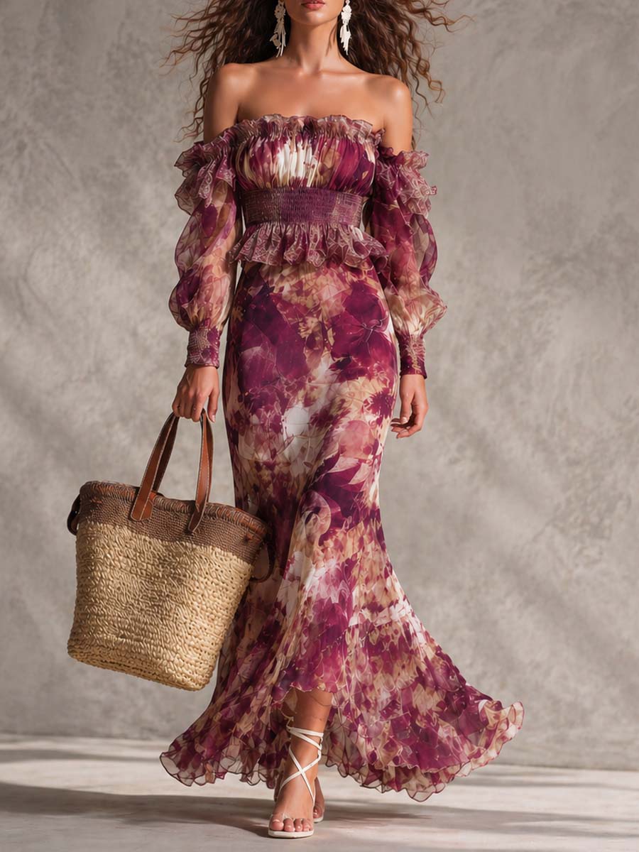 Rosalinda | Vestido largo de gasa rosa con hombros al aire