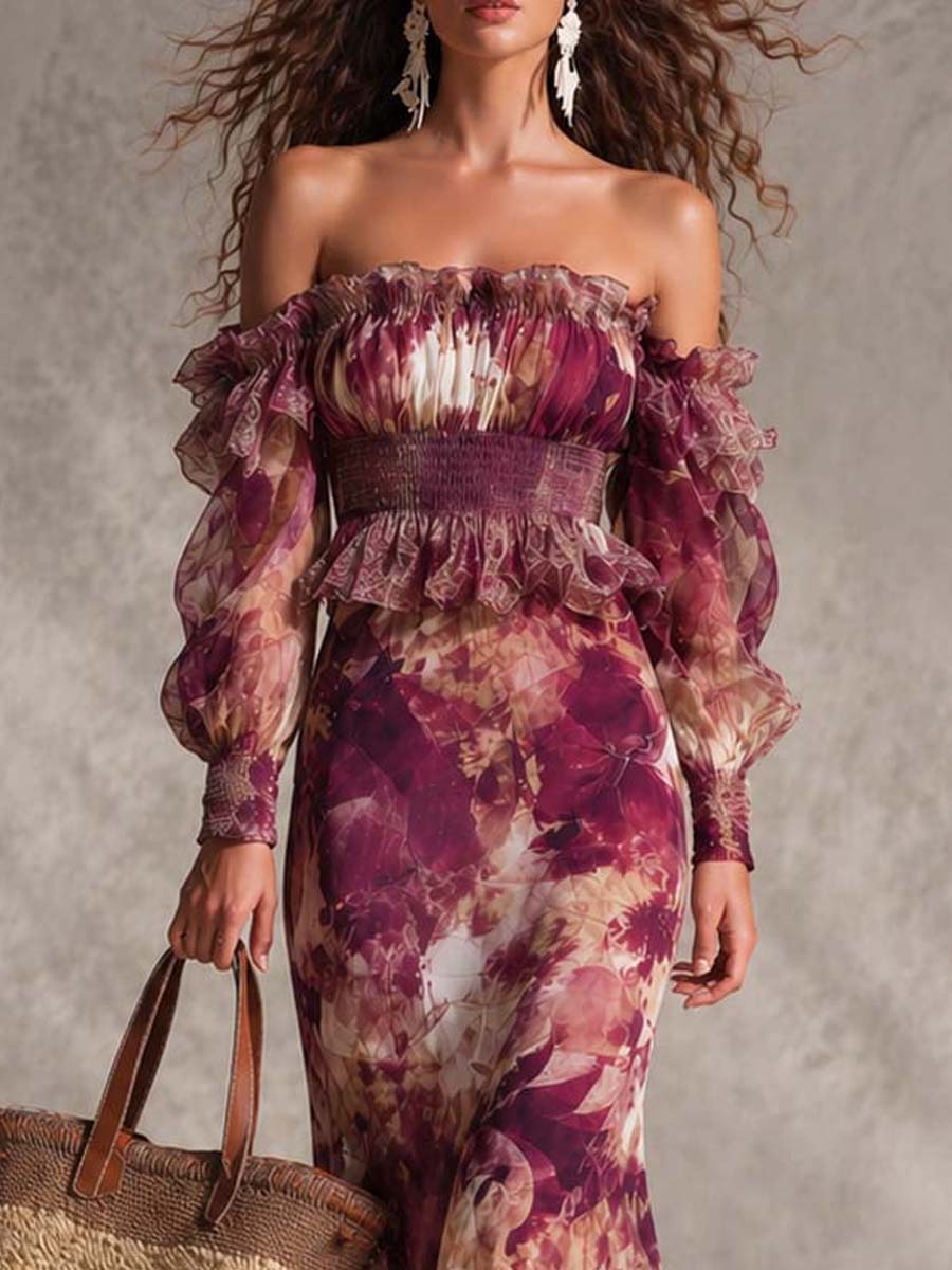 Rosalinda | Vestido largo de gasa rosa con hombros al aire