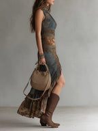 Lorena | Vestido largo estampado de estilo étnico con hombro al descubierto y abertura alta