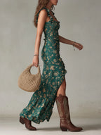 Coral | Vestido largo estampado verde de estilo bohemio con mangas con volantes