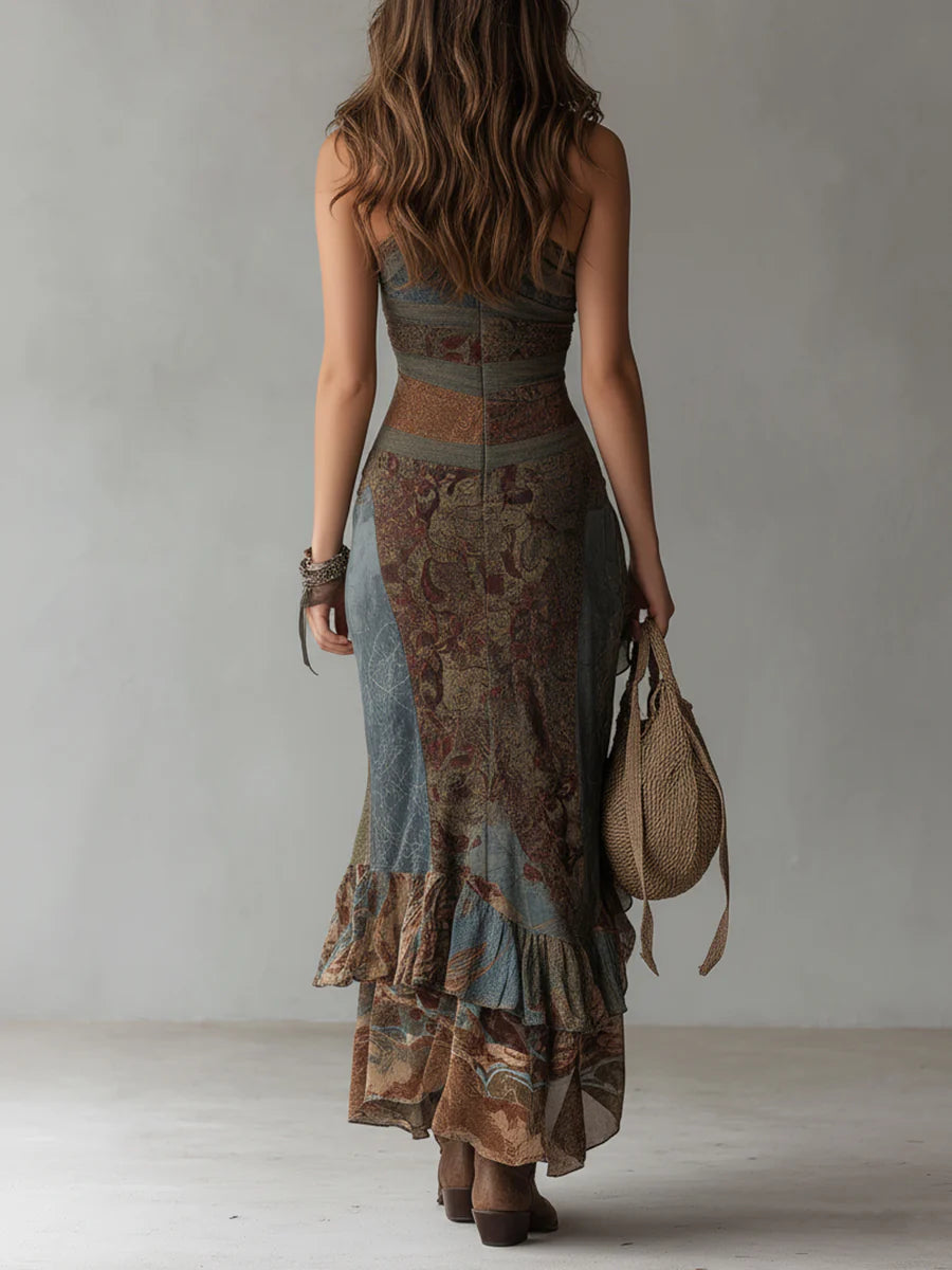 Lorena | Vestido largo estampado de estilo étnico con hombro al descubierto y abertura alta