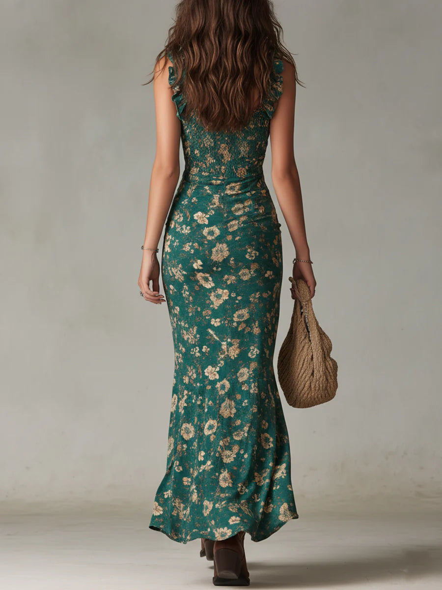 Coral | Vestido largo estampado verde de estilo bohemio con mangas con volantes