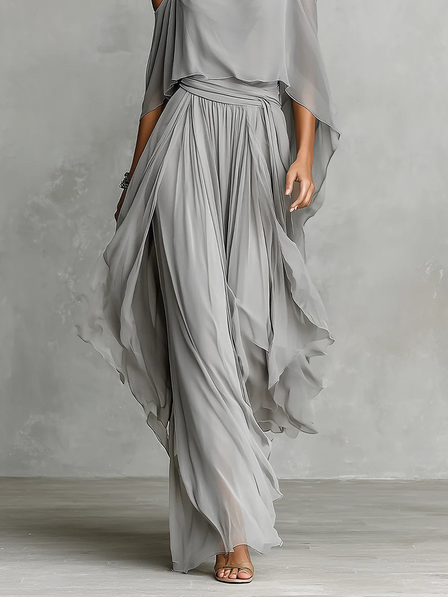 Conjunto Sofía | Conjunto de gasa gris con camiseta sin mangas holgada y pantalones con hombros al aire