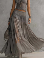 Carolina | Top gris de encaje transparente con paneles y conjunto de falda maxi plisada