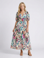 Eulalia | Vestido midi de manga corta con cuello en V y fruncido en la cintura