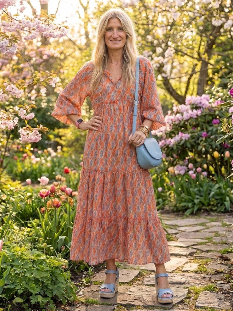 Chiara | Vestido midi con cuello en V, estratificado y estampado geometrico