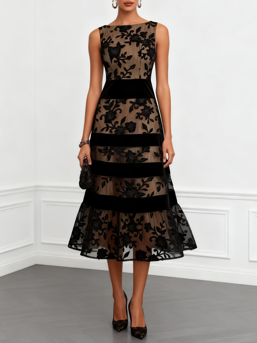 Matilda | Vestido midi sin mangas, de corte en A, de red negra con flores