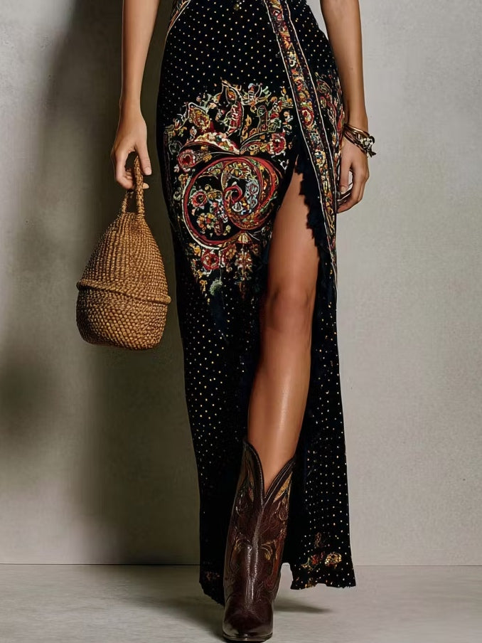 Laura | Vestido estampado de estilo bohemio con escote en V pronunciado y abertura alta