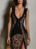 Laura | Vestido estampado de estilo bohemio con escote en V pronunciado y abertura alta