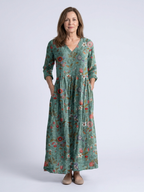 Marina | Vestido largo con estampado floral, cuello en V y mangas tres cuartos