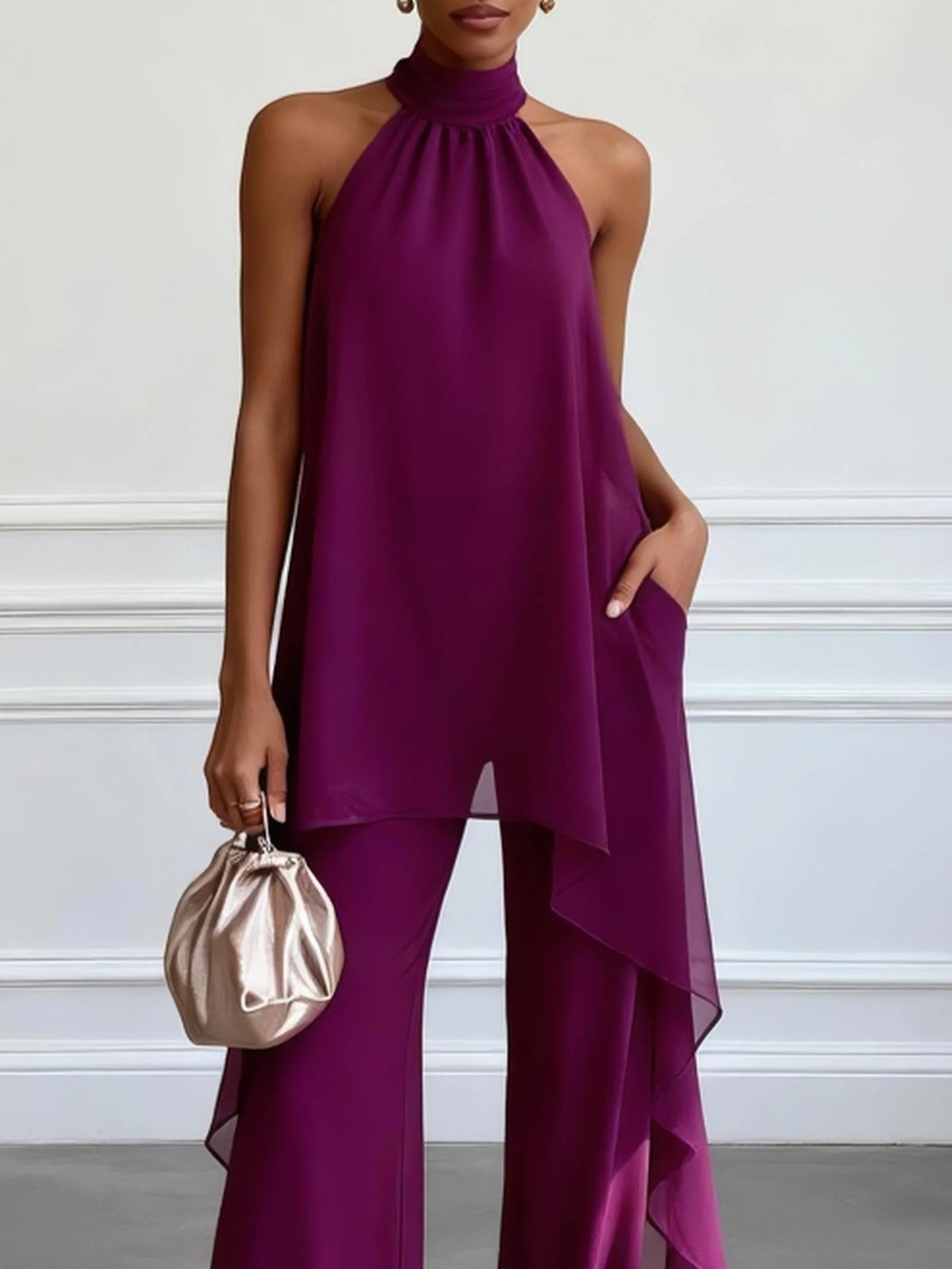 Conjunto Carolina | top elegante sin mangas de color morado con pantalones