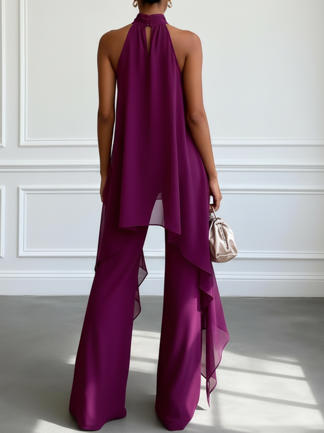 Conjunto Carolina | top elegante sin mangas de color morado con pantalones