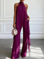 Conjunto Carolina | top elegante sin mangas de color morado con pantalones