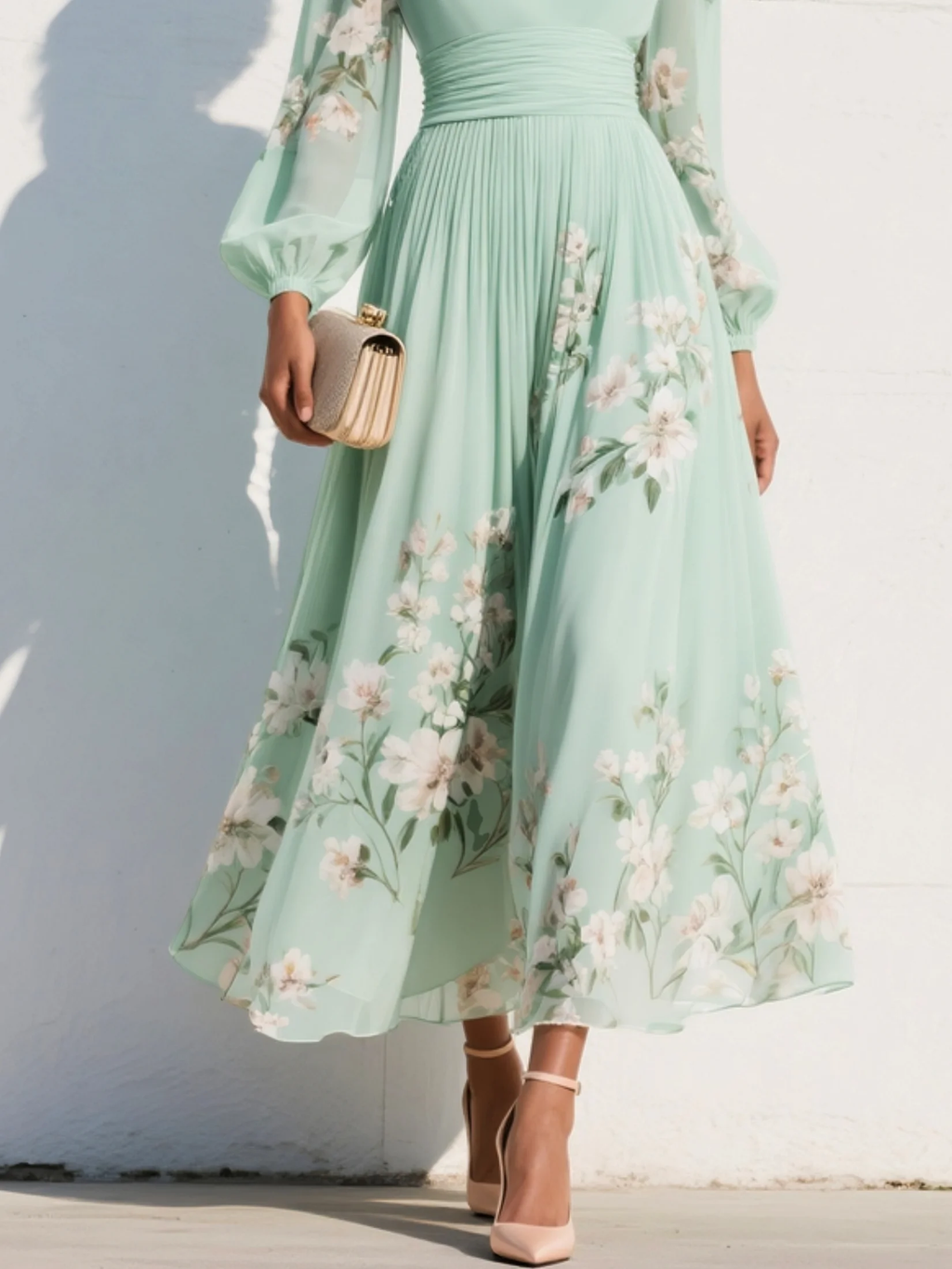 Mireya | Vestido midi verde claro con estampado floral