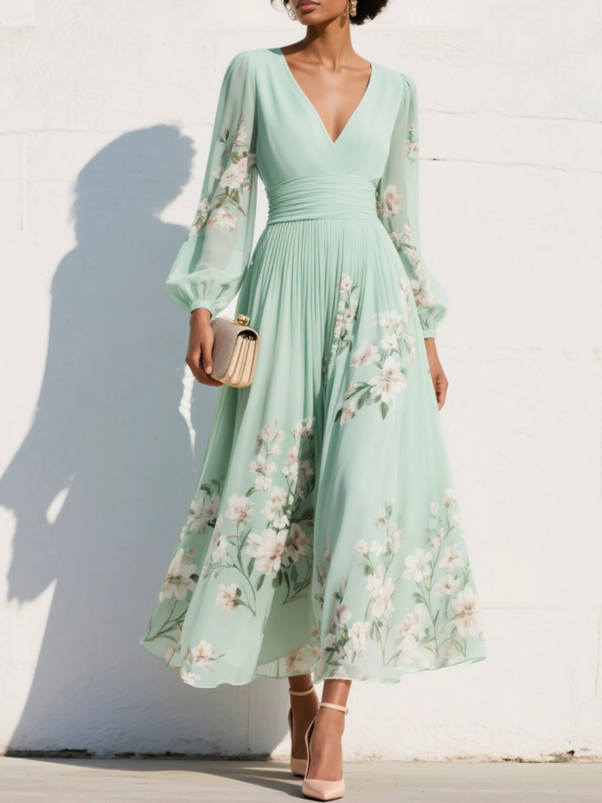 Mireya | Vestido midi verde claro con estampado floral