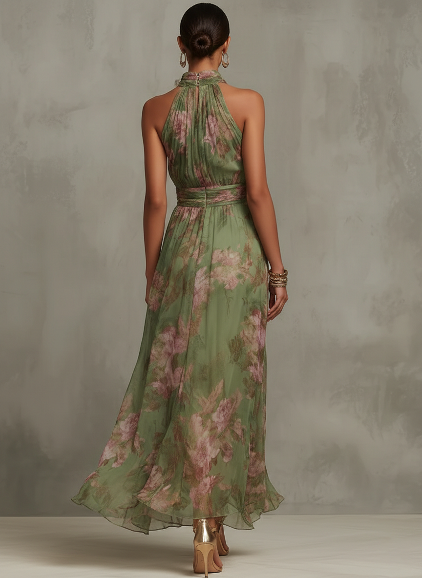 Lydia | Elegante vestido largo con cuello halter y estampado floral
