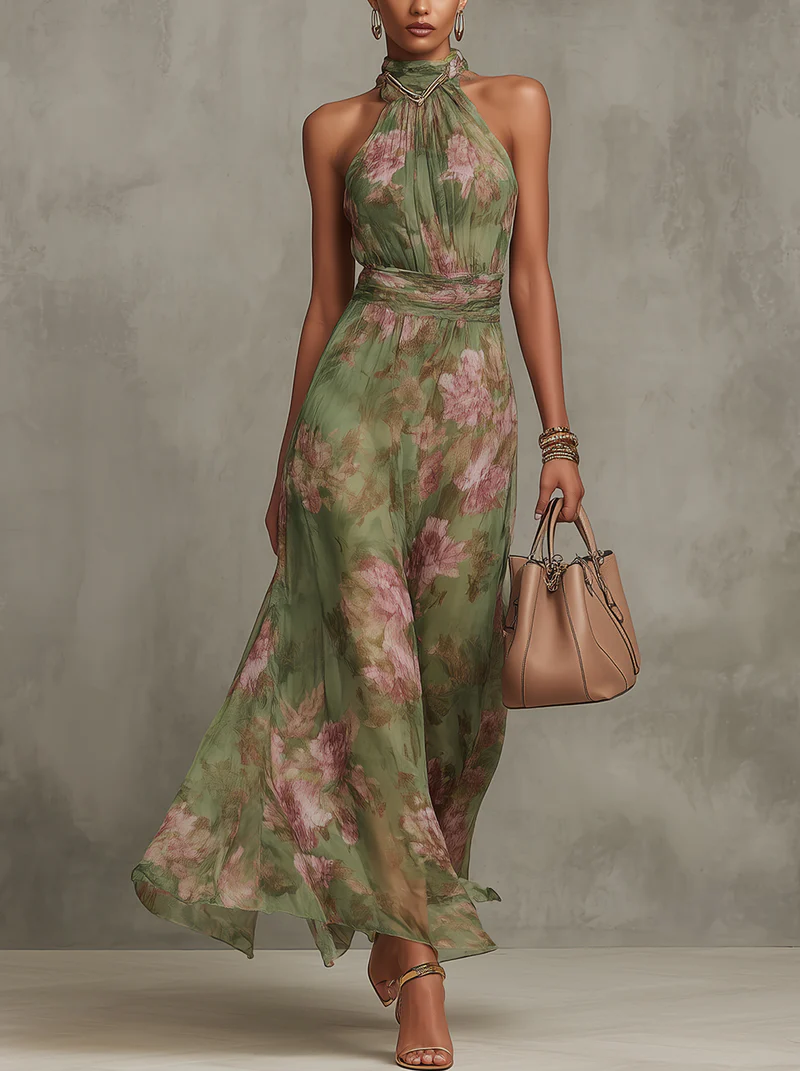 Lydia | Elegante vestido largo con cuello halter y estampado floral