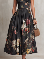 Nora | Vestido midi de satén plisado con cuello redondo negro
