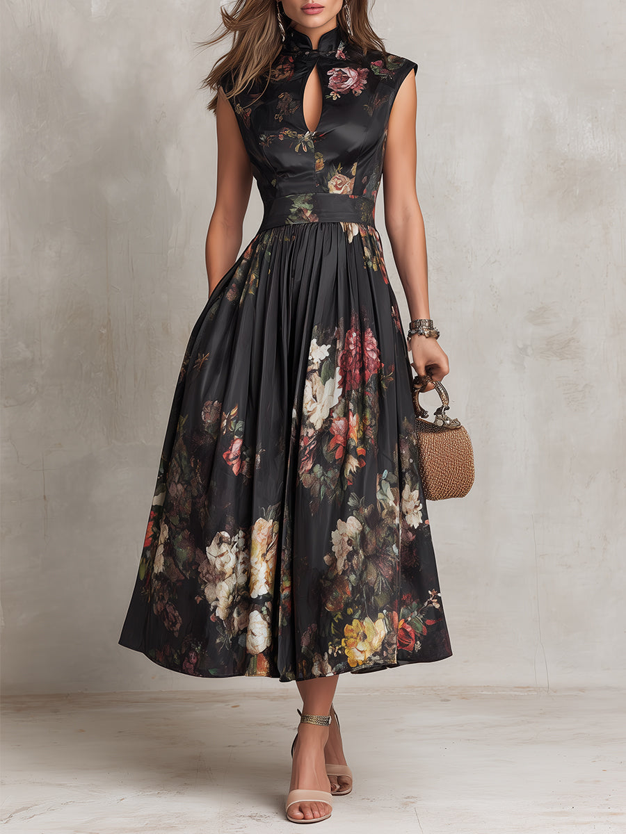 Nora | Vestido midi de satén plisado con cuello redondo negro