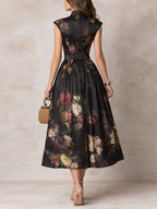 Nora | Vestido midi de satén plisado con cuello redondo negro