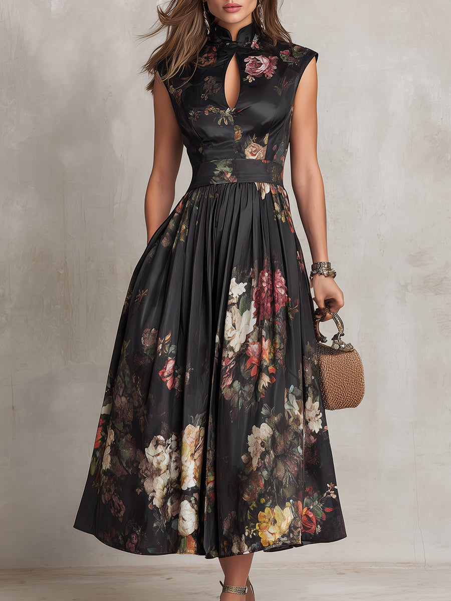 Nora | Vestido midi de satén plisado con cuello redondo negro