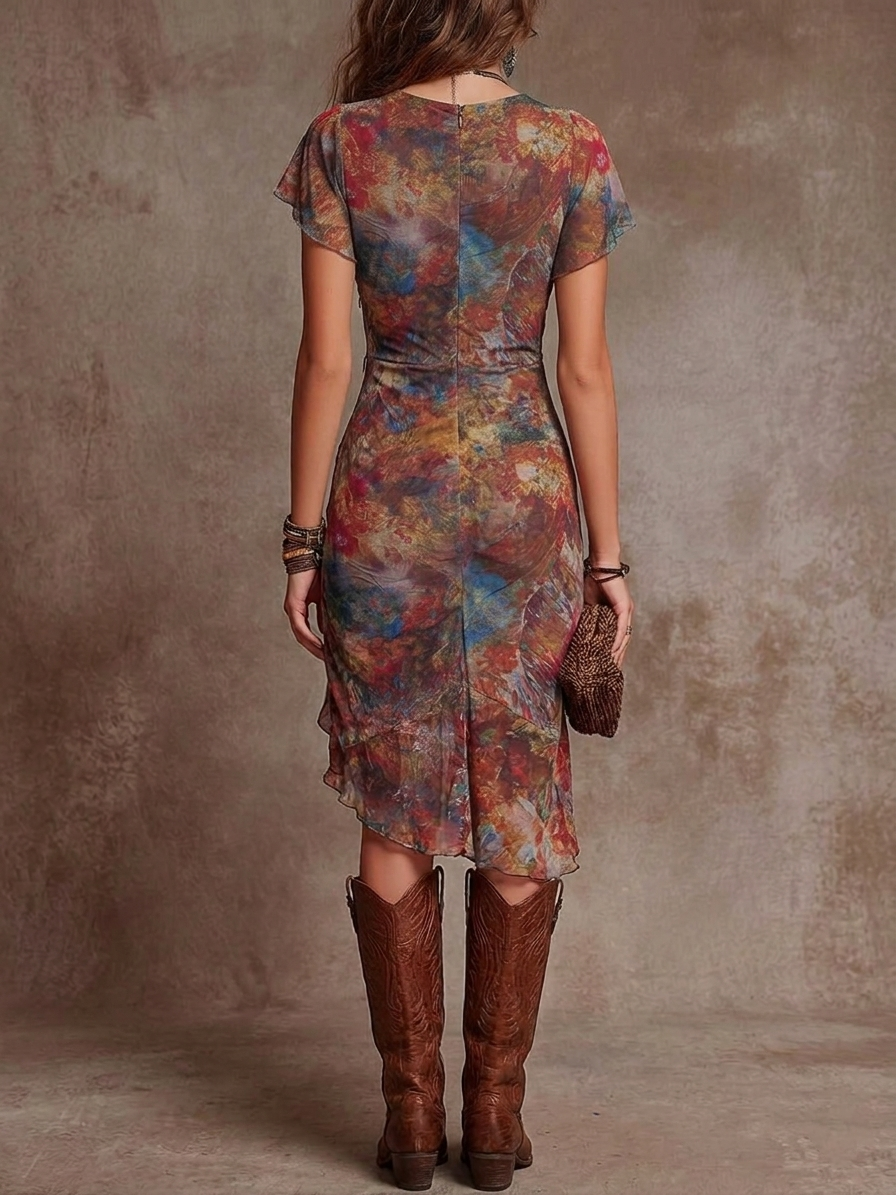 Lola | Vestido midi plisado con cuello en V y estampado abstracto de estilo bohemio
