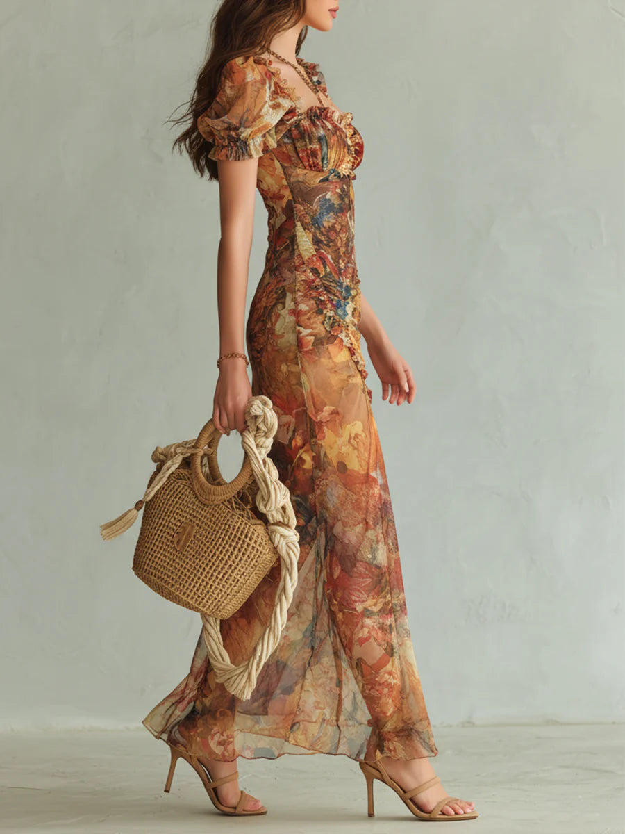 Fiona | Vestido largo maxi con una falda fluida y estampado floral
