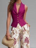 Silvia | Chaleco sin mangas rosa y pantalones anchos con estampado floral