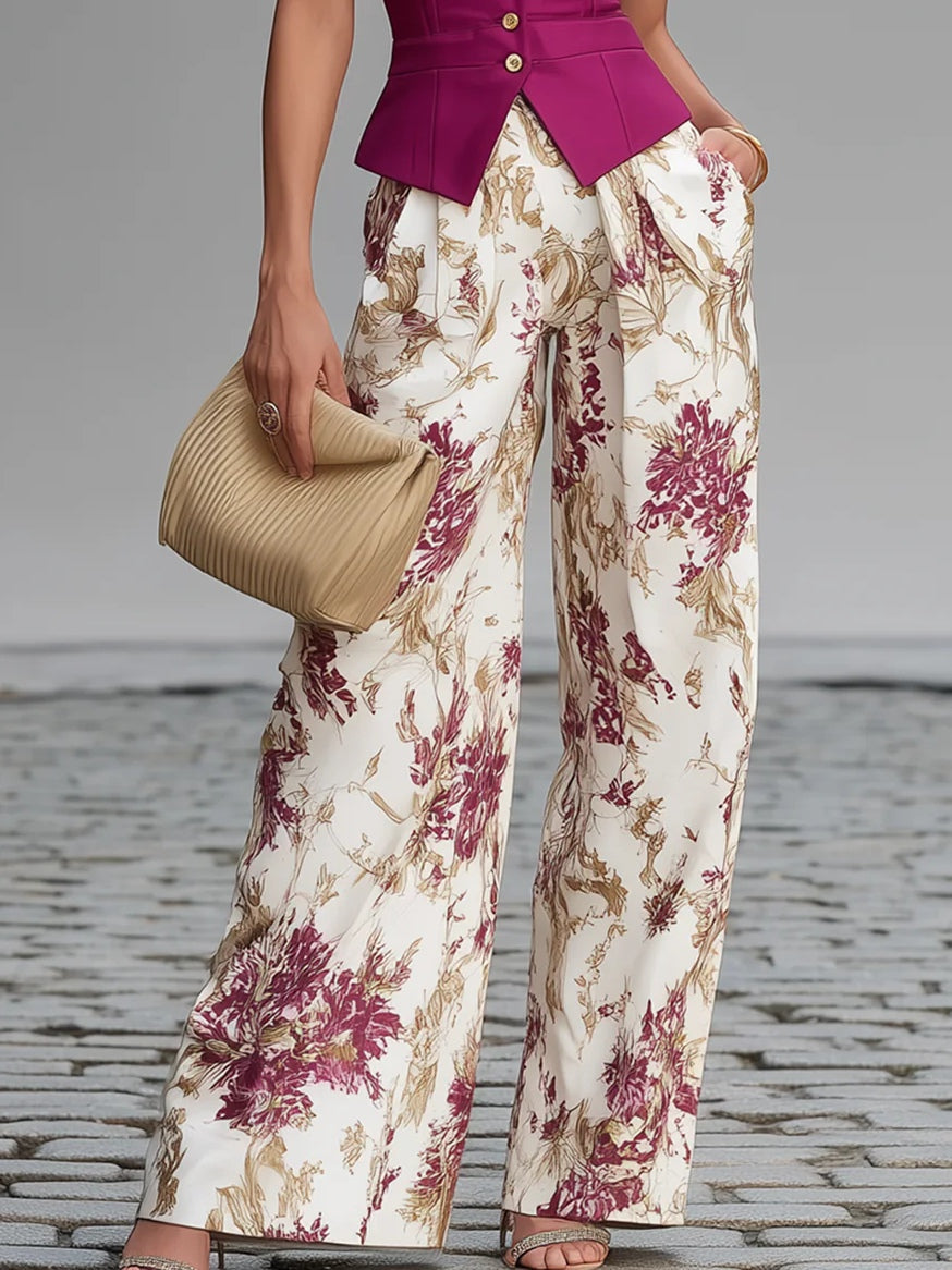 Silvia | Chaleco sin mangas rosa y pantalones anchos con estampado floral