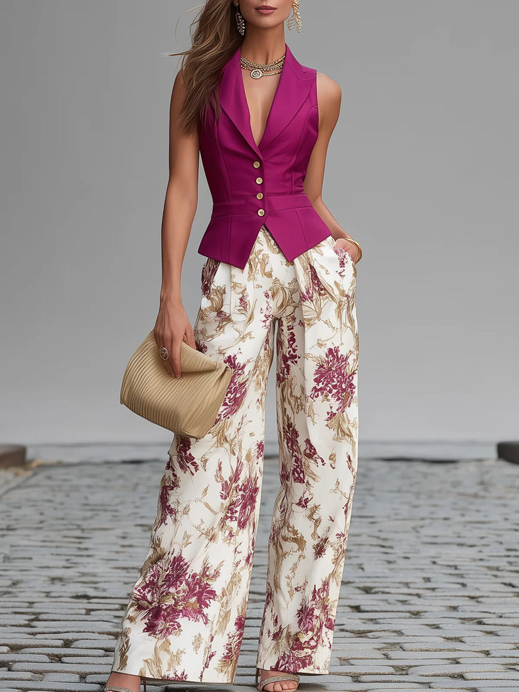 Silvia | Chaleco sin mangas rosa y pantalones anchos con estampado floral