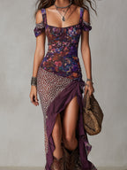 Sofía | Vestido largo de estilo urbano nómada con estampado de leopardo y flores y cuello alto