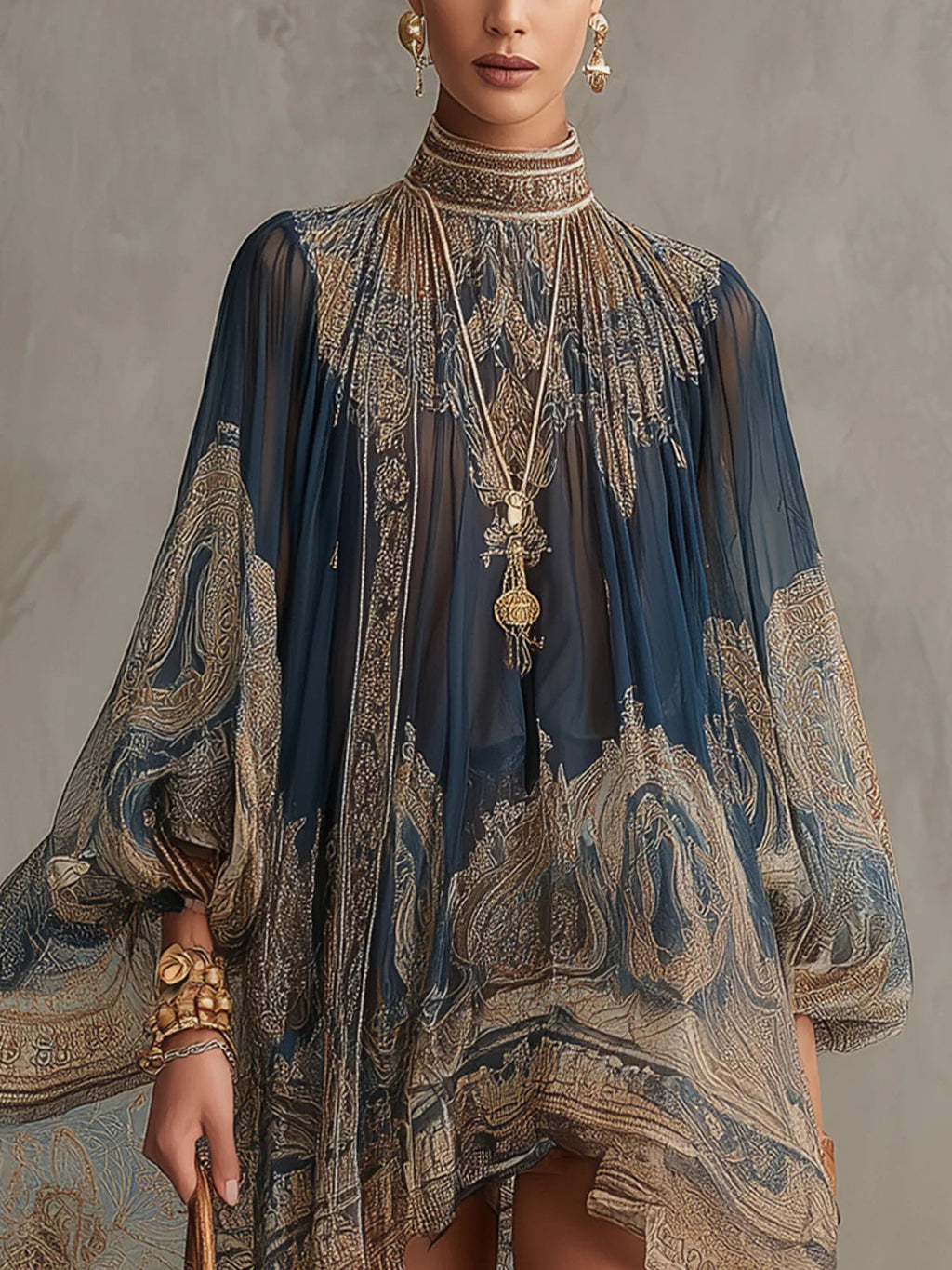 Sofía | Vestido mini de gasa asimétrico con cuello alto y estampado barroco en azul marino