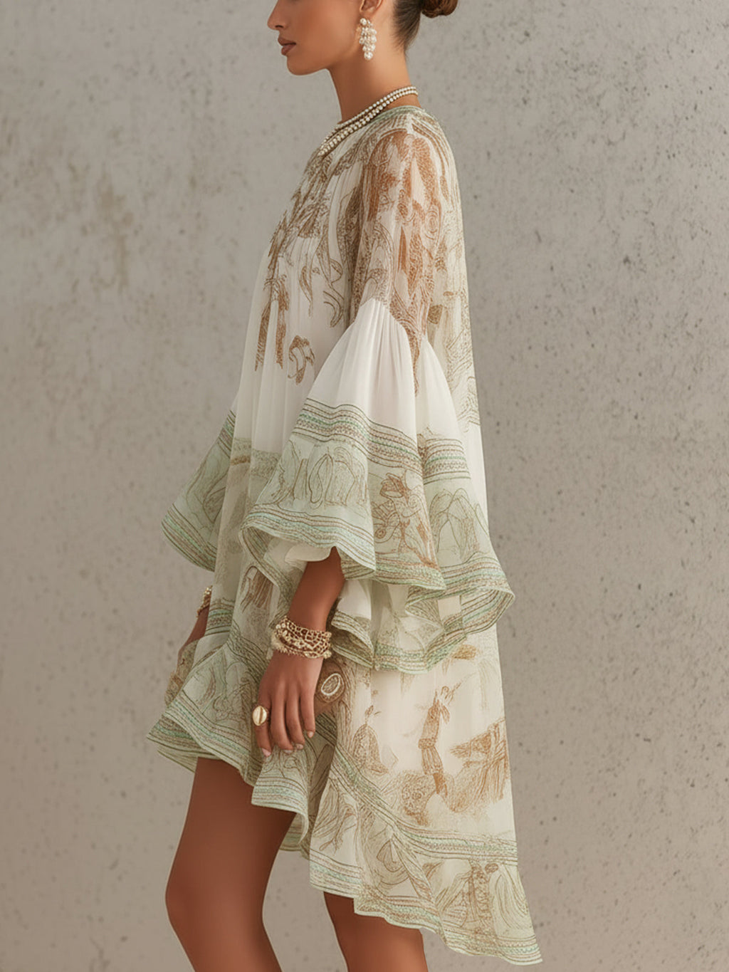 Martina | Vestido mini de gasa a rayas con mangas con volantes, verde