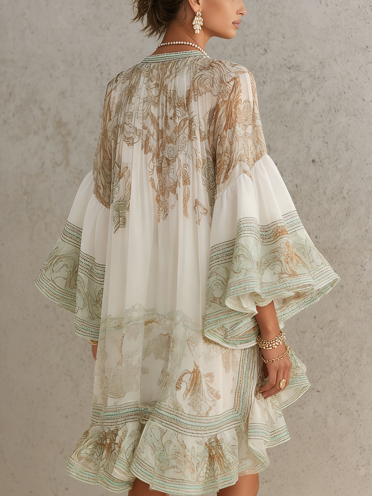 Martina | Vestido mini de gasa a rayas con mangas con volantes, verde