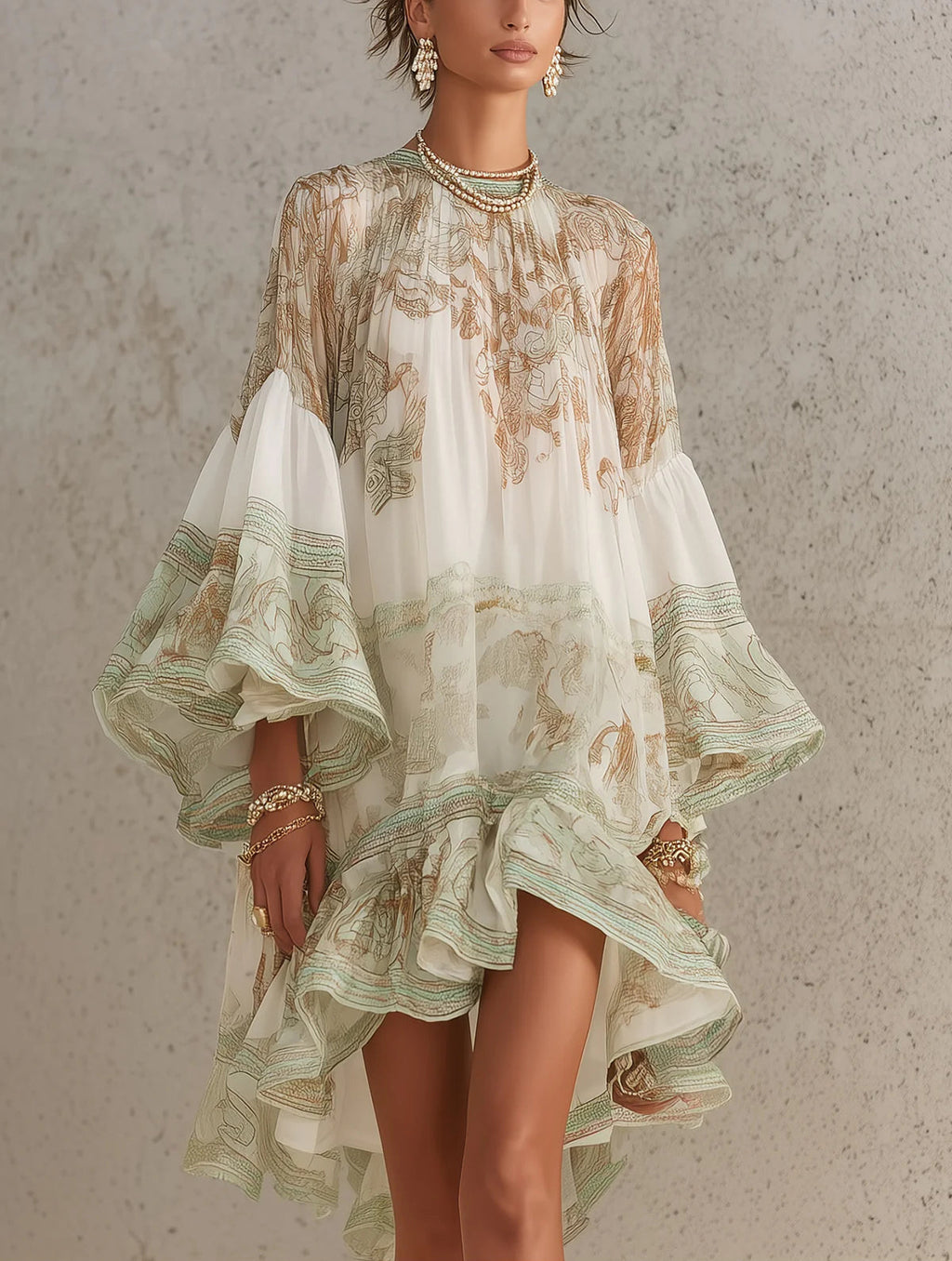 Martina | Vestido mini de gasa a rayas con mangas con volantes, verde