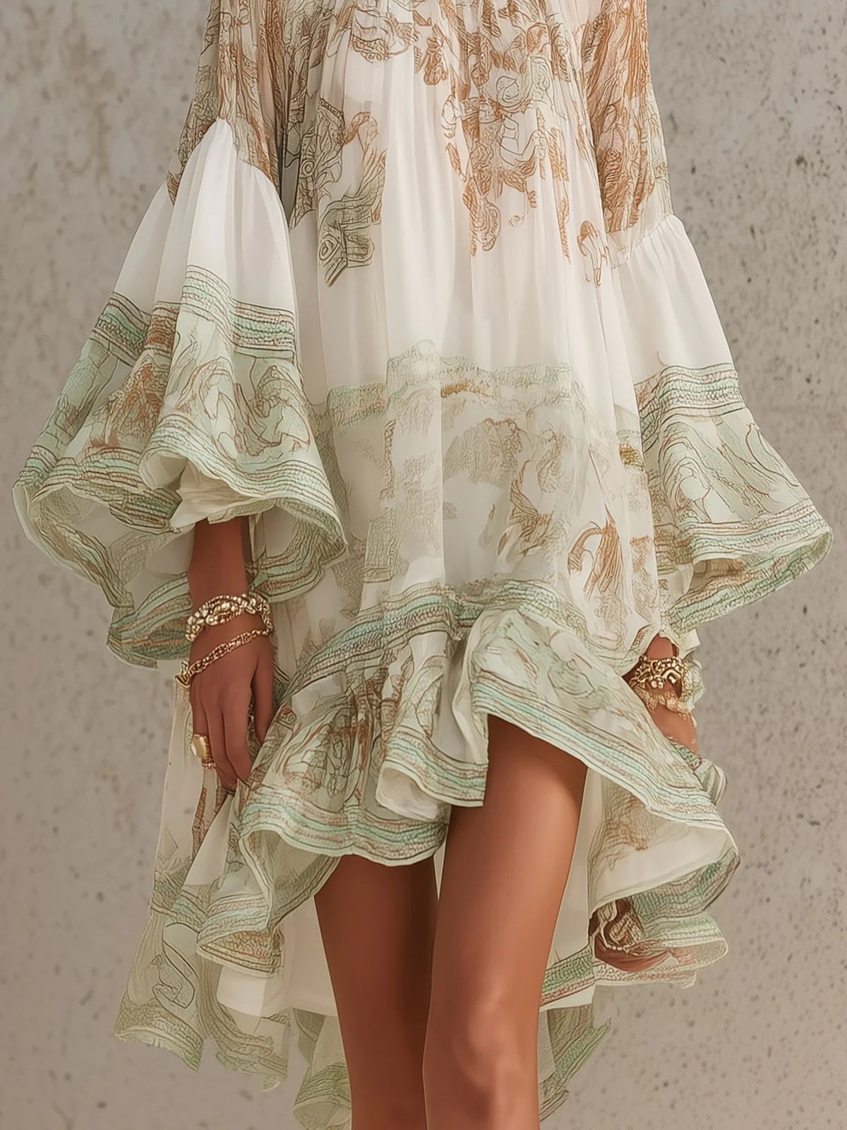 Martina | Vestido mini de gasa a rayas con mangas con volantes, verde