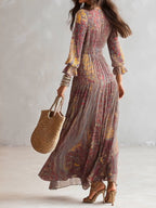 Paola | Vestido largo de gasa con estampado de paisley y escote en V