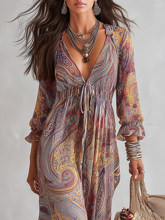 Paola | Vestido largo de gasa con estampado de paisley y escote en V