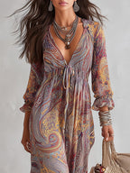 Paola | Vestido largo de gasa con estampado de paisley y escote en V