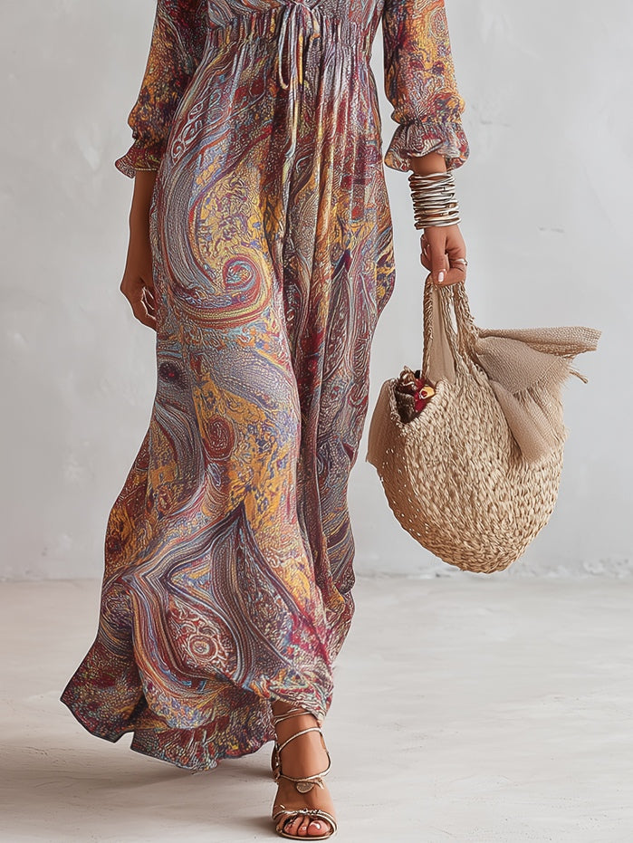 Paola | Vestido largo de gasa con estampado de paisley y escote en V