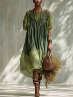 Ysabel | Vestido midi de gasa verde con hombros al aire y mangas cortas