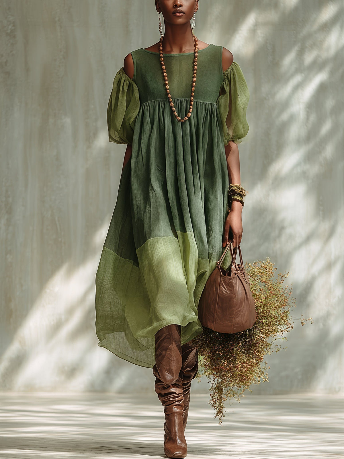 Ysabel | Vestido midi de gasa verde con hombros al aire y mangas cortas