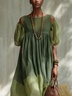Ysabel | Vestido midi de gasa verde con hombros al aire y mangas cortas