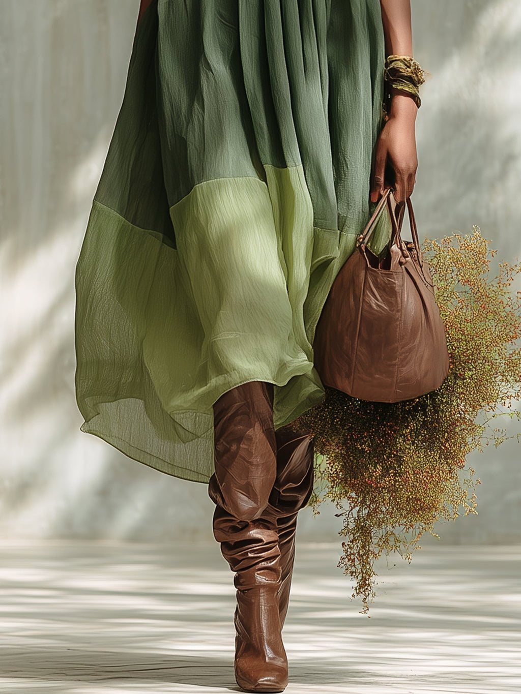Ysabel | Vestido midi de gasa verde con hombros al aire y mangas cortas