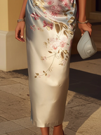 Lili | Vestido midi de satén con estampado floral y hombros al aire