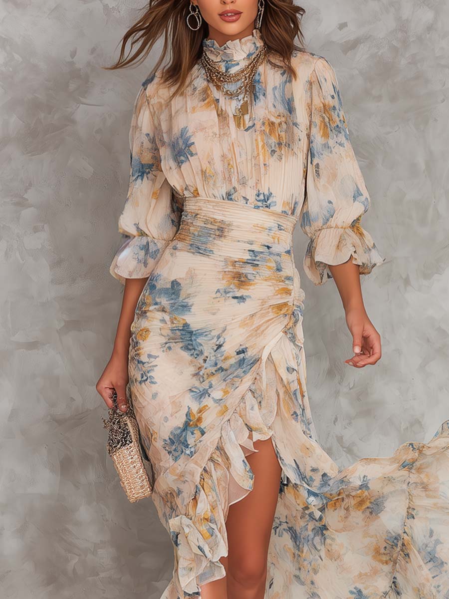 Rita | Vestido largo de gasa asimétrico con estampado floral y cuello alto, color beige