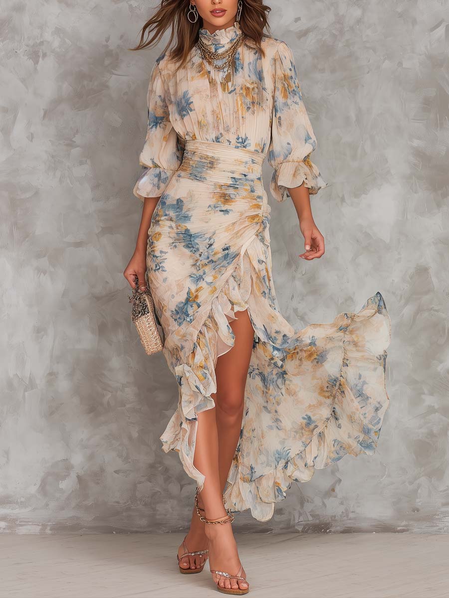 Rita | Vestido largo de gasa asimétrico con estampado floral y cuello alto, color beige