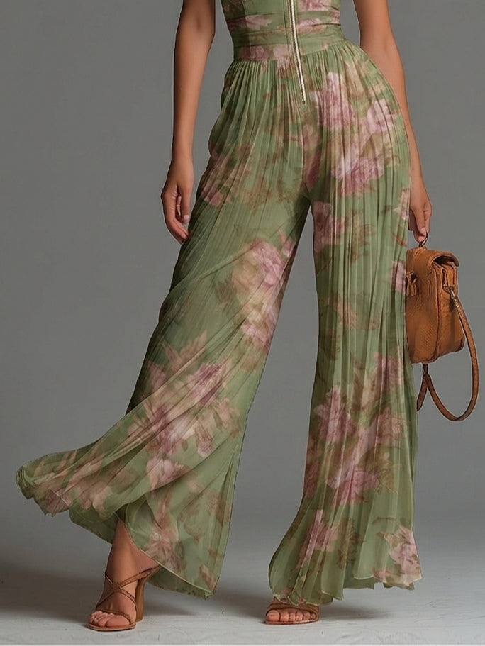 Carla | Mono sin mangas de gasa verde con estampado floral, cremallera y pliegues, de corte ancho