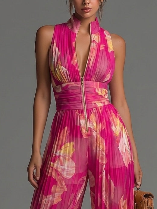 Isabel | Mono sin mangas de gasa plisada con cremallera y estampado floral fucsia